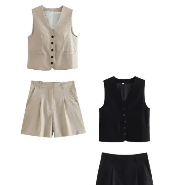 Conjunto Feminino em Alfaiataria - Colete e Shorts no Linho (Promoção Compre 1 Leve 2) Conjunto Feminino MRL-086 Miralleve Bege + Preto P