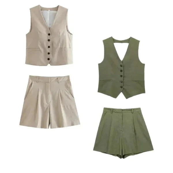 Conjunto Feminino em Alfaiataria - Colete e Shorts no Linho (Promoção Compre 1 Leve 2) Conjunto Feminino MRL-086 Miralleve Bege + Verde P